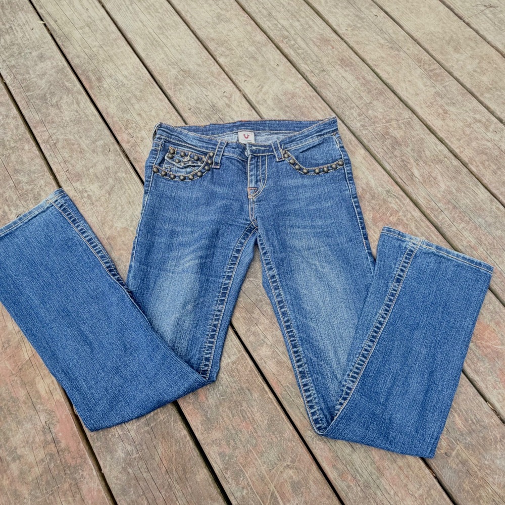 True Religion Joey Big T Studded Flare Jeans Blue Medium Wash Low Rise Size 27